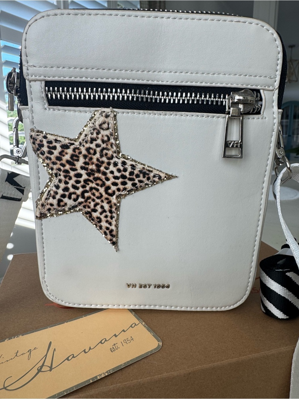 Vintage Havannah White Crossbody Bag with Leopard Star Accent extra zebra strap
